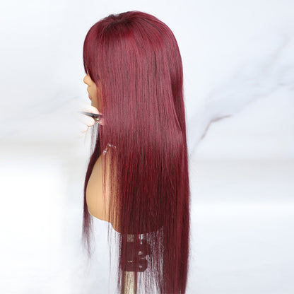 Hairvilla Pre Cut Lace Glueless Straight Dark Burgundy Red Wine with Bangs 4x4 Lace Human Hair Wig I Lucy