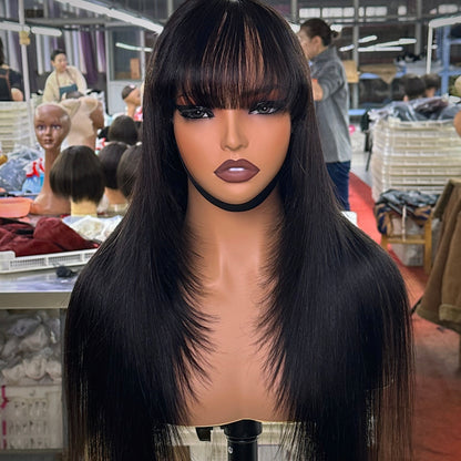 Hairvilla Pre-cut Layer cut with Bangs Pre-bleached Glueless Straight 13x5 Lace Frontal Human Hair Wig with Bangs