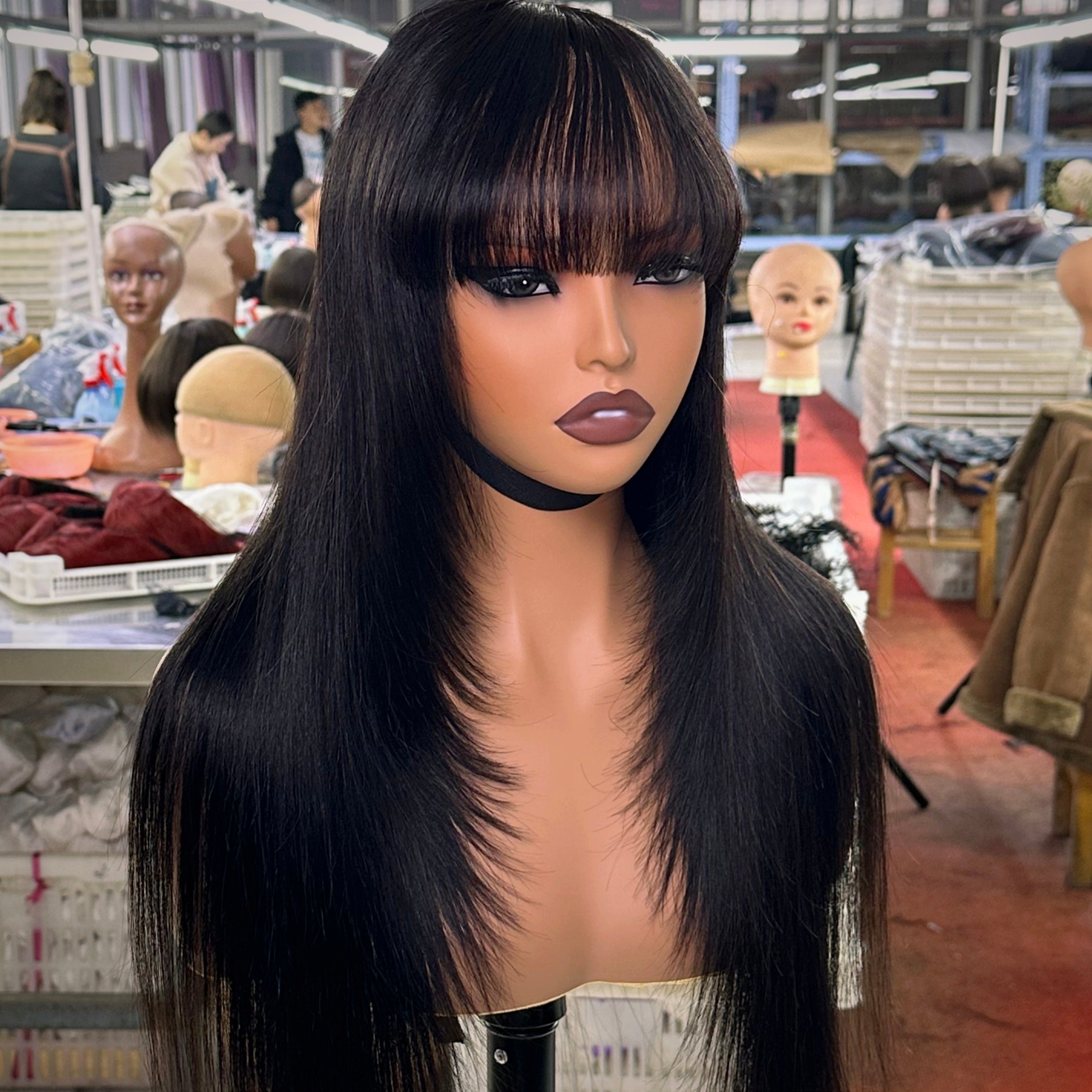 Hairvilla Pre-cut Layer cut with Bangs Pre-bleached Glueless Straight 13x5 Lace Frontal Human Hair Wig with Bangs