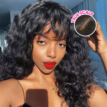 True Scalp Wig Human Hair Wigs with Bangs Glueless Deep Wave Wig