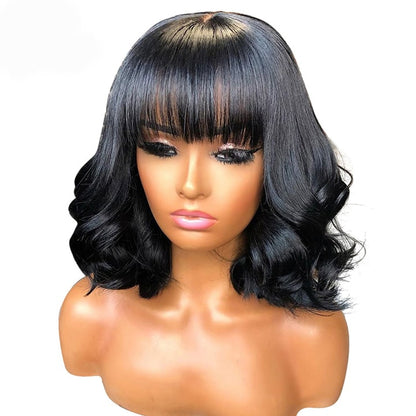 Short Wavy Bob 13x4 HD Lace Front Wig With Bangs Glueless Human Hair Wig