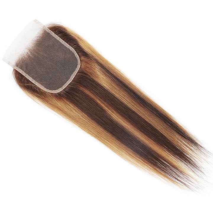 Highlight Brown P4/27 Straight Hair 3 Bundles With 4x4 Lace Closure Human Hair Weaves